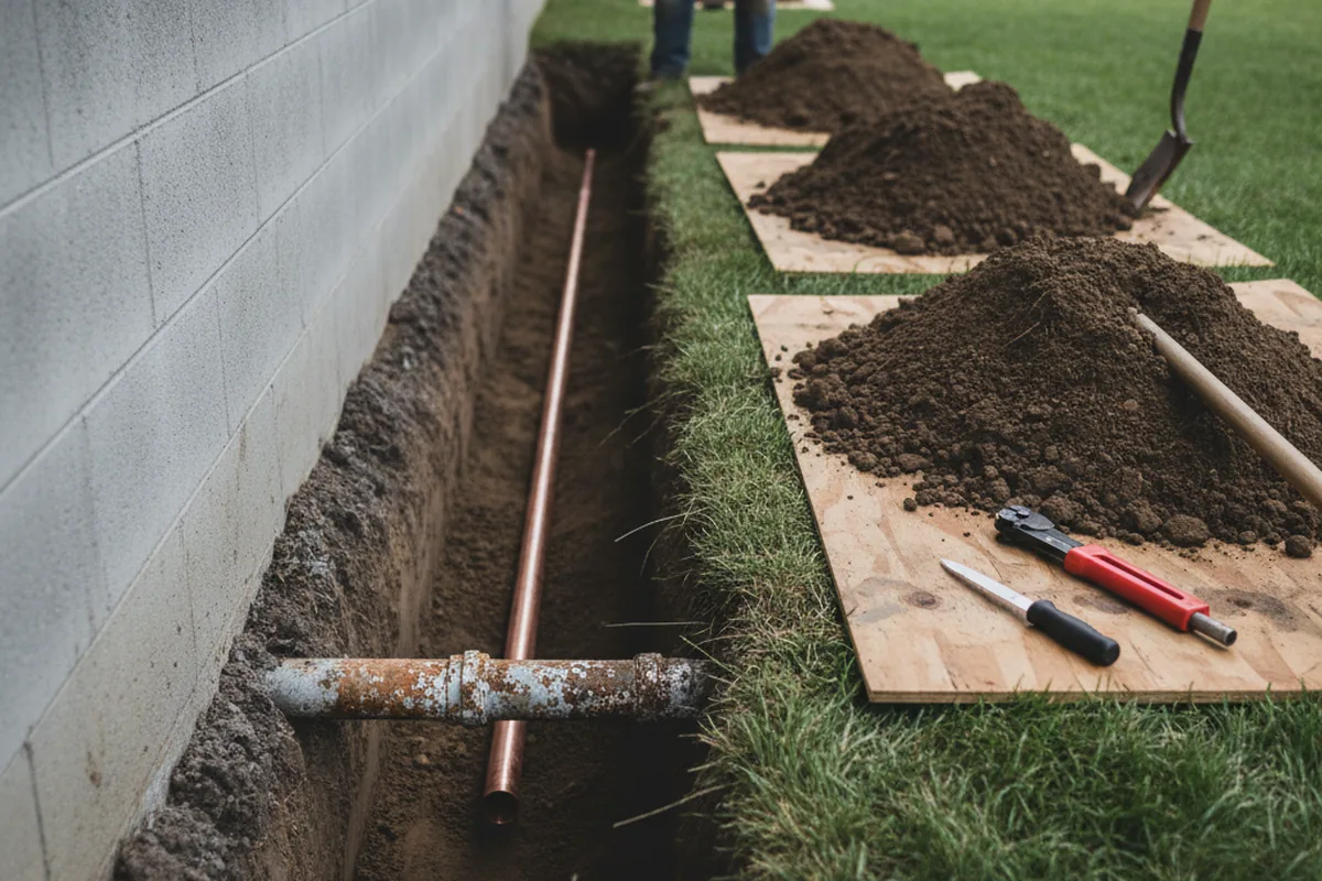 Excavated water line trench during Sewer Line Repair in Dickerson